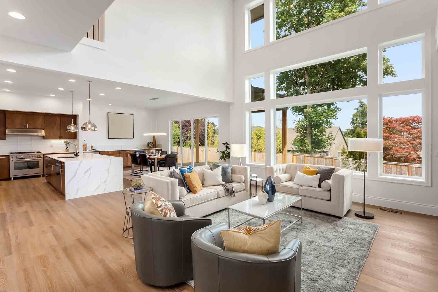 Two-story picture windows in a modern living room Knoxville