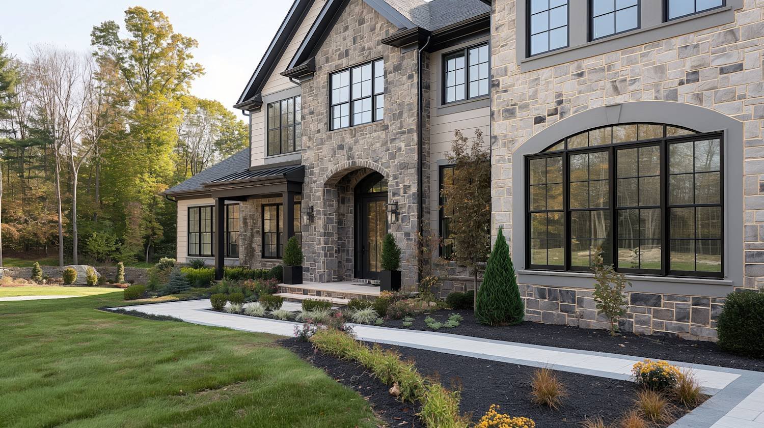 Stone home with arched replacement windows